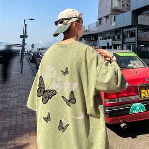 B239-1163-P38 蝴蝶字母印花 复古水洗做旧半袖 重磅短袖T恤 美式图片