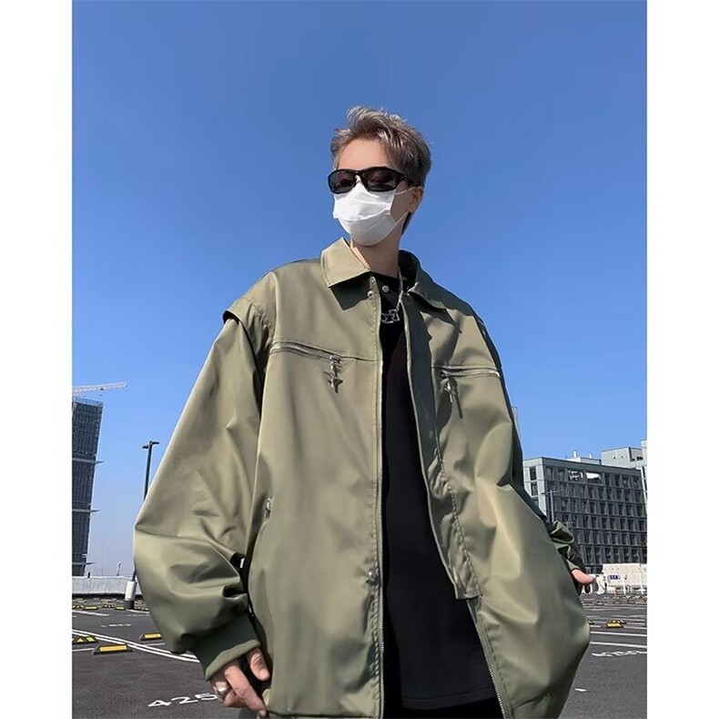 金属拉链装饰夹克小牛津双层上衣外套黑色灰色绿色M-3XL JW71图片