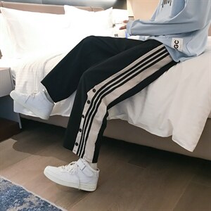 2021港风排扣裤子男直筒阔腿裤三条杠卫裤运动裤XZ207-K1017P30图片