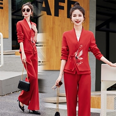 秋冬女士长裤长袖修身高腰纯色显瘦刺绣套装职业气质大码女装潮流，女装套装/套裙，红依一坊