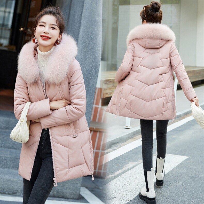 2024冬季新款真狐狸毛毛领PU皮棉服女中长款棉衣棉服女外套，女装皮衣，美沁