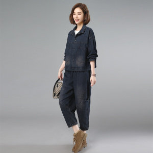 2021秋季新款时尚印花拼接水洗牛仔套装，女装套装/套裙，叶笙衣