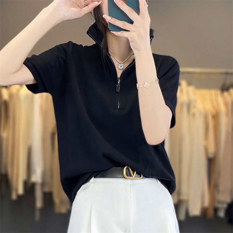 2025夏季拉链半开领短袖t恤女纯棉针织显瘦宽松气质翻领T恤上衣夏，女装T恤，丽特绒