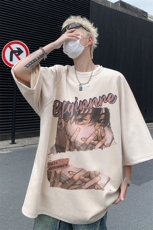 美式潮流高街印花麂皮绒短袖t恤男大码宽松港风半袖上衣，男装T恤，电商B295