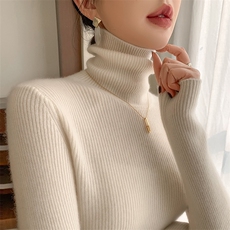 2025年秋季常规款通勤套头长袖加厚抽条高翻领时尚百搭，女装针织衫/毛衣，途瑞羊绒