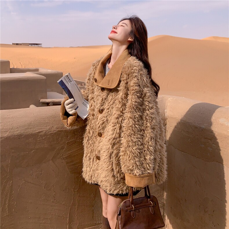两面穿羊羔毛外套女2025冬季新款韩系复古皮毛一体加厚小个子棉服,女装短外套,2C375