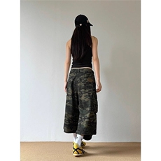 美式复古男女街头迷彩工装大口袋宽松直筒阔腿七分裤，女装牛仔裤，星座506A