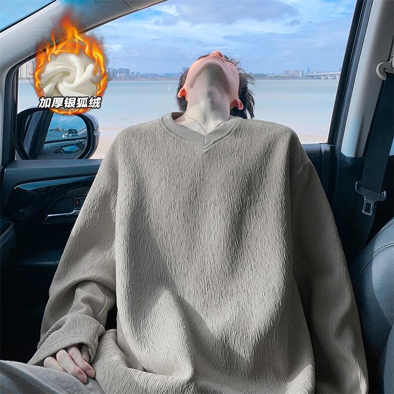 肌理感450g重磅鸡心领男加绒银狐绒长袖T恤T24509J加绒-特P33控65，男装T恤，电商A001-1