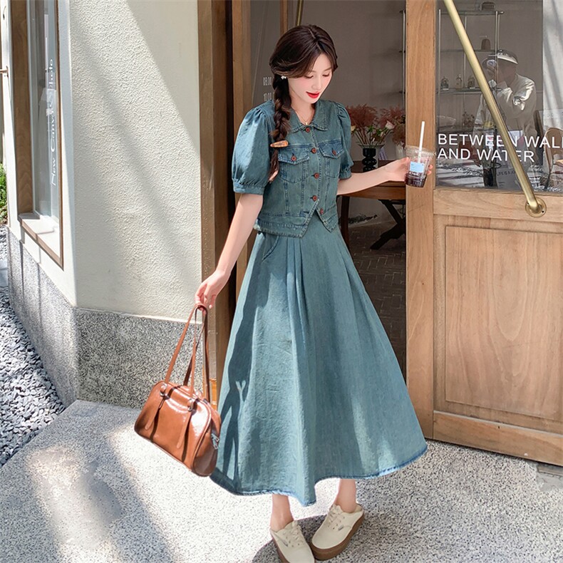 减龄气质短袖衬衫牛仔套装女2025年夏季新款韩版裙子外套两件套,女装套装/套裙,小九月