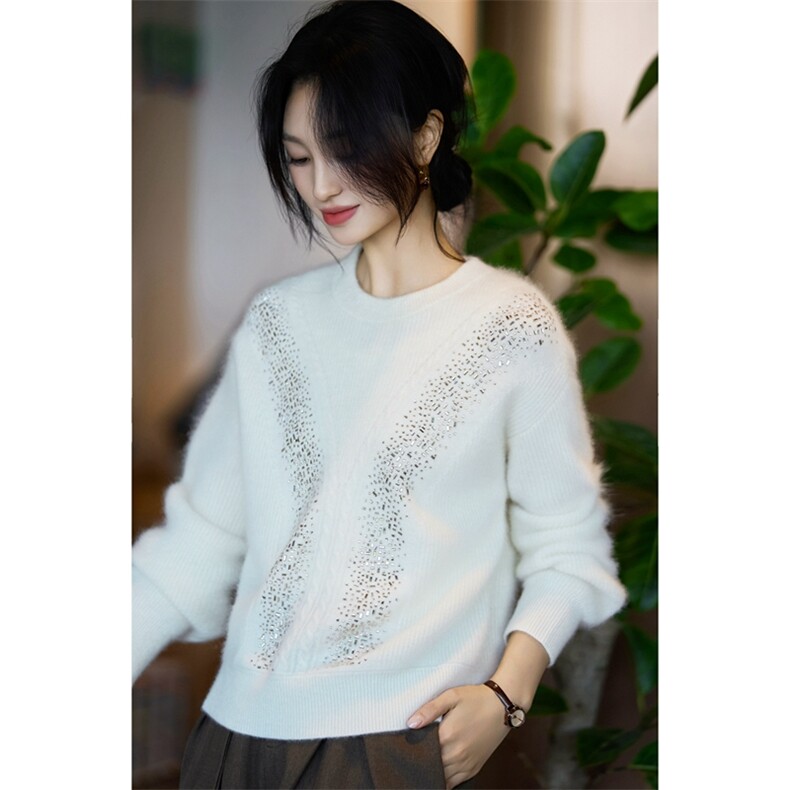 2025百搭时尚简约加厚重工烫钻圆领长袖，女装针织衫/毛衣，暖烁羊绒