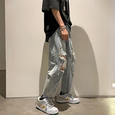 破洞裤子男装做旧潮牌高街直筒九分美式街头夏季hiphop牛仔裤薄款，男装牛仔裤，星座506A