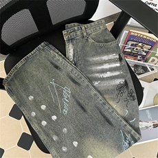 秋款男牛仔裤渐变色字母涂鸦扎染宽松长裤NK25P68，男装牛仔裤，星座1013-1