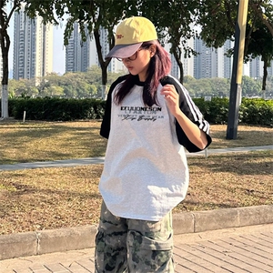 抖音得物品质二开240克宽松纯棉美式潮牌插肩三杠织带短袖T恤图片