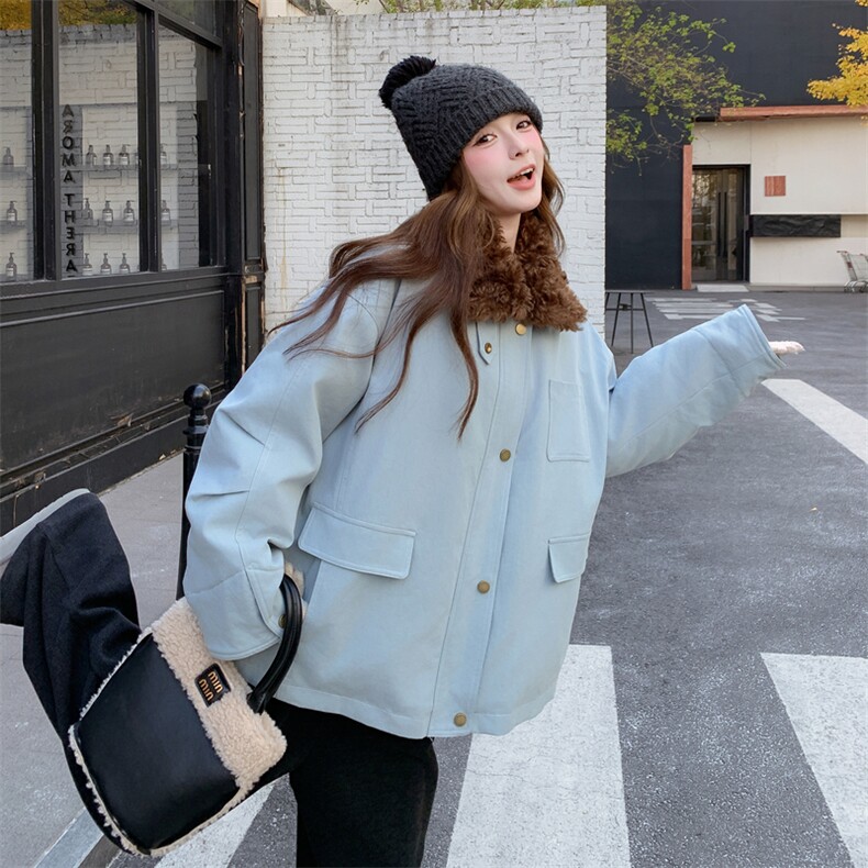 羊羔毛翻领派克服女2025冬季新款加厚保暖中长款棉服外套高级感,女装派克服,2C305