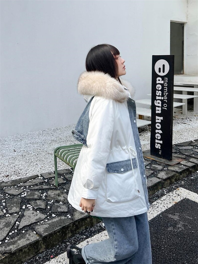 2021年冬装牛仔拼接羽绒服，时尚潮流。，女装羽绒服，非布可衣