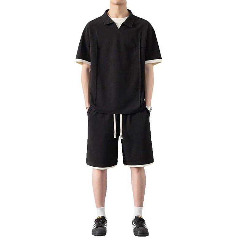 纯色二开TZ25318-特P60短袖T恤短裤青少年休闲运动套装POLO衫,男装Polo衫,电商D310B-1