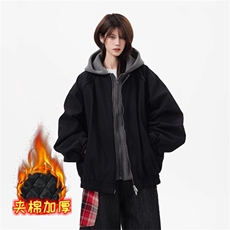 [001]小众座山雕毛绒连帽卫衣假两件穿外套情侣A079-J9977-P82，女装短外套，电商A079