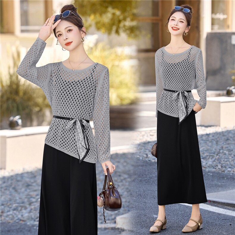 温柔连衣裙套装女2025新款秋装女韩版镂空针织衫背带裙时尚两件套，女装套装/套裙，意芙