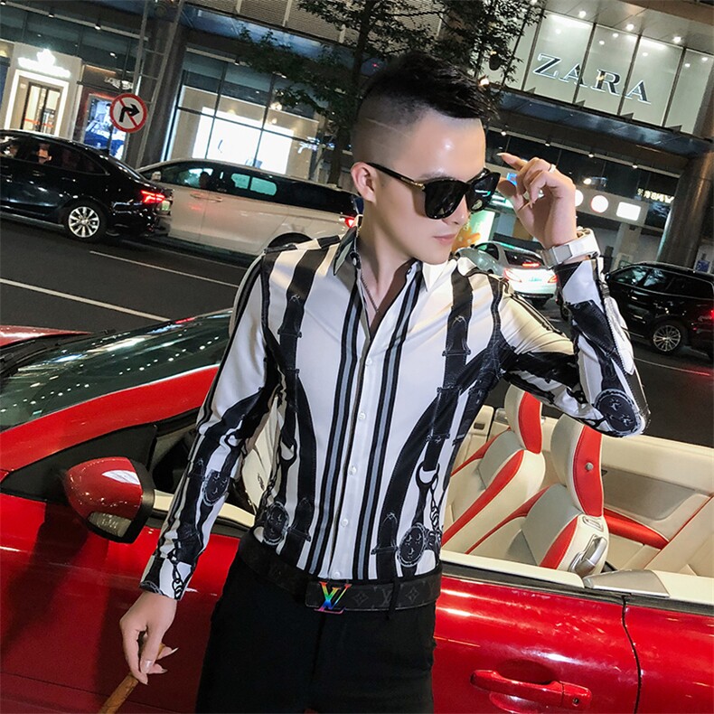 2021春秋衬衫社会男长袖上衣印花男装韩版修身四季潮流衬衣Q859-P55,男装衬衫,星座419（原A233）