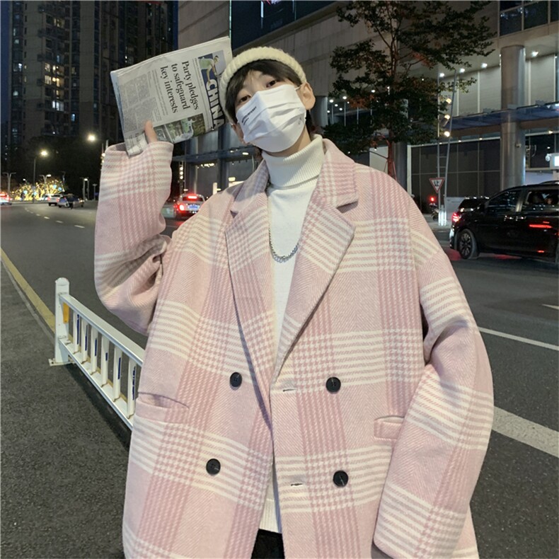 毛呢大衣男秋冬季中长款宽松格子痞帅西装领韩版潮流W2398-P80,男装西服,星座512-3