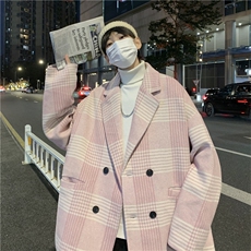 毛呢大衣男秋冬季中长款宽松格子痞帅西装领韩版潮流W2398-P80，男装西服，星座512-3