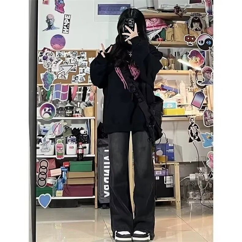 牛仔裤秋冬加绒新款宽松微喇长裤男女生百搭潮流美式休闲阔腿裤子,男装牛仔裤,星座302B