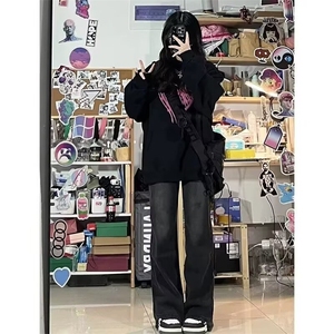 牛仔裤秋冬加绒新款宽松微喇长裤男女生百搭潮流美式休闲阔腿裤子图片