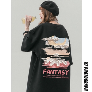 中性风夏季时尚复古百搭雪山印花100棉宽松短袖T恤T6091P25控38图片
