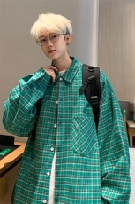 衬衫男秋季港风宽松磨毛格子长袖设计衬衣CS510-P38，男装衬衫，星座214-3
