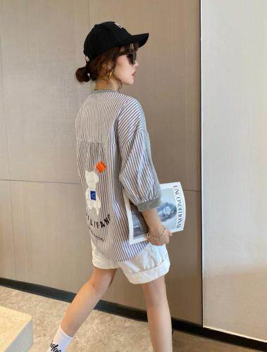 【现货】夏季新款针织防晒拼接字母刺绣印花七分袖圆领卫衣，女装卫衣/绒衫，微迪菲