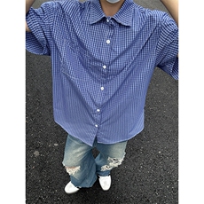 格子衬衫春夏美式短袖衬衫港风情侣装休闲衬衣CS286-P30，男装衬衫，星座301C-5
