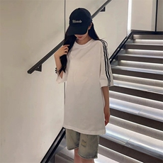 抖音得物高品质二开240克宽松纯棉美式潮牌三条杠织带短袖T恤，男装T恤，电商A486