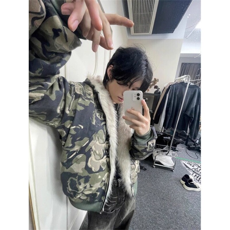迷彩bomber夹克棉服男生冬季美式复古毛领连帽座山雕加厚外套棉衣,男装棉衣,星座908-1