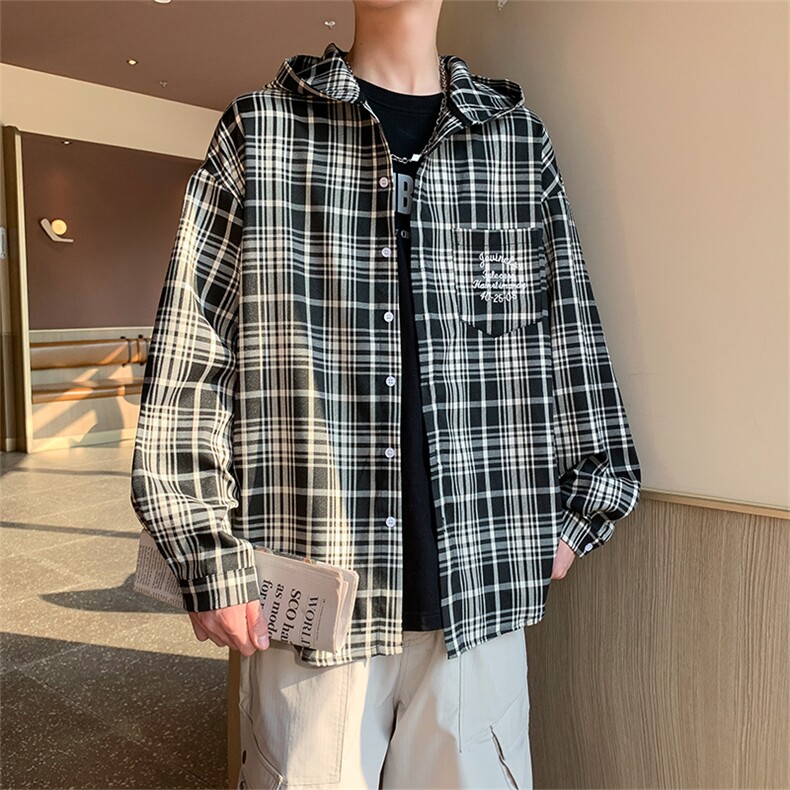 美式复古高级感连帽格子衬衫外套百搭情侣XZ102B-1CS291P58,男装衬衫,星座102B-1