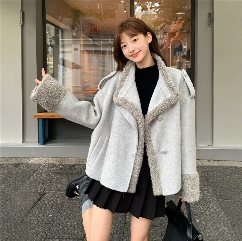 羊羔毛拼接毛呢外套女冬小个子休闲宽松加厚呢上衣，女装羊羔毛/颗粒绒，浙宝220
