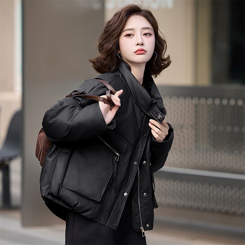 2024年冬季新款现货休闲时尚潮流立领皮衣羽绒服,女装羽绒服,臻衣坊
