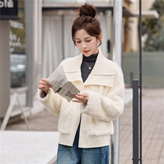 针织大翻领拼接皮毛一起，女装皮衣，朵莱米