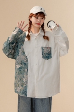中性风花型拼接长袖衬衫女大码M-5XL情侣潮长袖衬衫男CS7714P60，男装衬衫，星座227-7