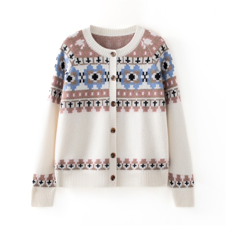 2025年秋季时尚百搭通勤简约休闲七针加厚圆领费尔岛开衫，女装羊绒衫，轩妮羊绒