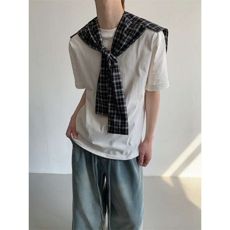 新款！高质量高街黑色格子绑带披肩T恤男女年夏季情侣TW223,男装T恤,星座1116A（原606A-3）