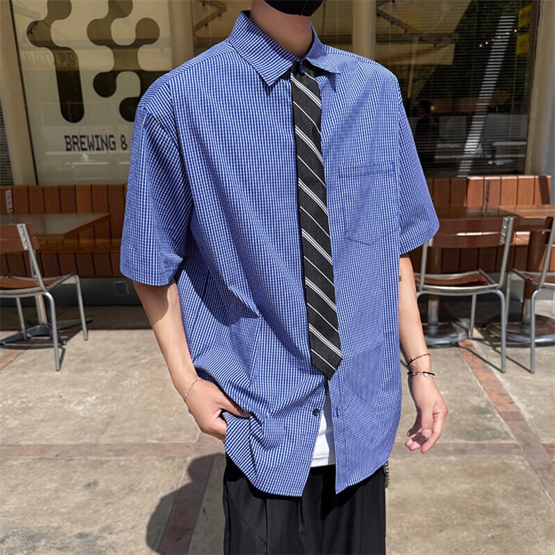 细格子短袖衬衫5XZ1030-TP5588可拆卸领带翻领休闲宽松衬衣,男装衬衫,电商A102
