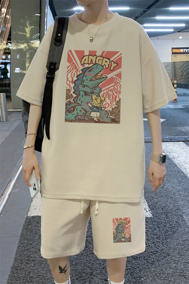 ！2025夏季新款男士华夫格短袖T恤一套学生套装HTZ87P50,男装T恤,电商B220