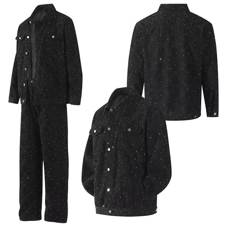 美式复古满天星烫金时尚牛仔夹克男小众潮牌百搭短款外套两件套，男装休闲套装，星座813-2