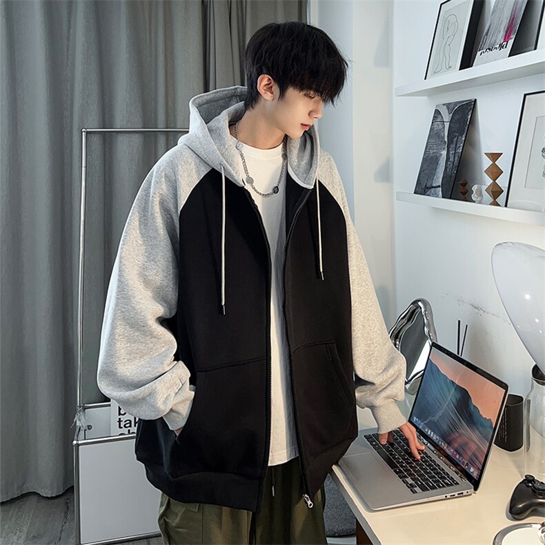 W23618-P60秋季大码420克重磅华棉连帽拼色开衫卫衣M-6XL,男装卫衣,星座109