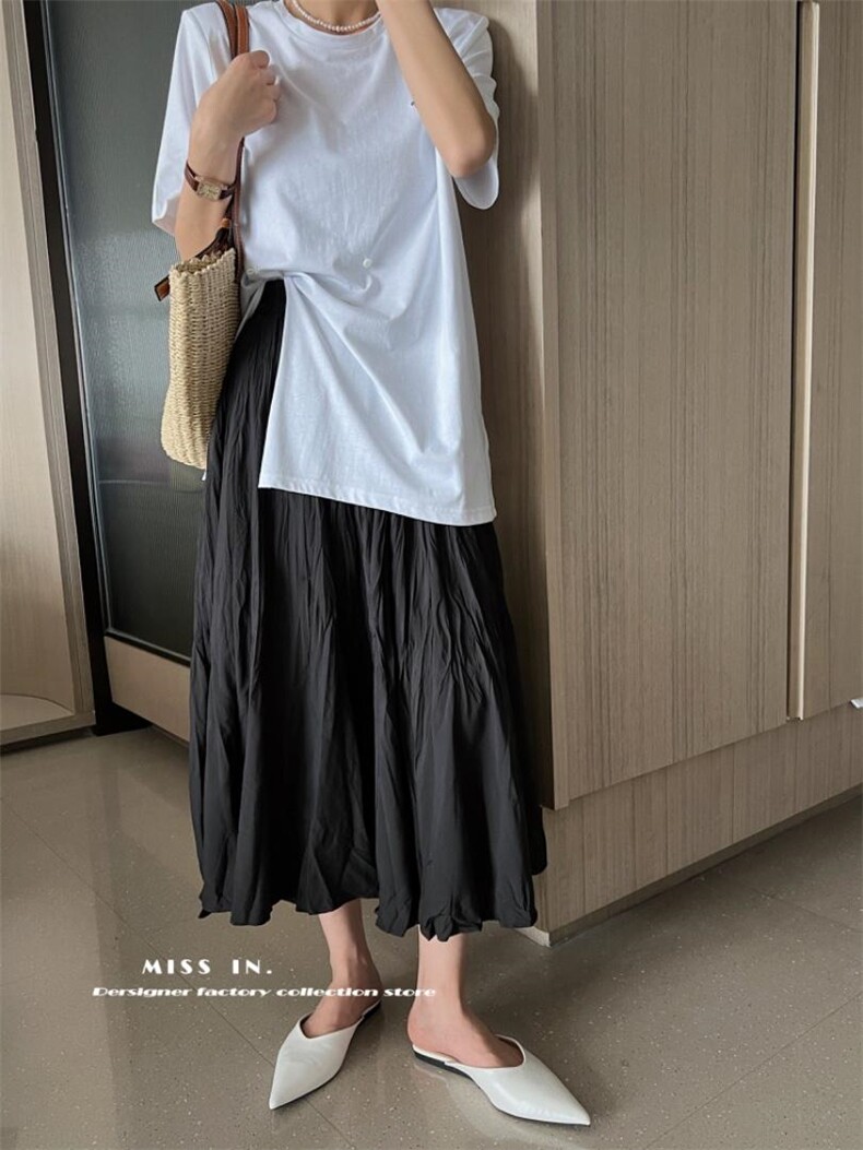 现货纯色百搭褶皱半裙裙，女装半身裙，蜜思印·金