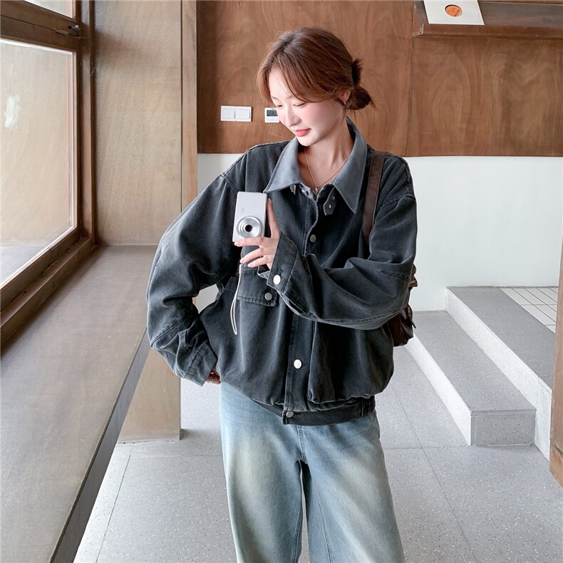 工装翻领牛仔短外套女春秋2025新款小个子巨好看减龄小众夹克上衣,女装短外套,2C206