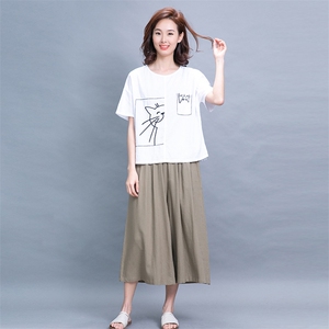 套装/套裙2021年夏季圆领印花气质百搭优雅阔腿裤,女演员穿衣搭配图片