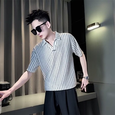 polo衫男士短袖条纹超火潮牌t恤2025新款高级感潮牌痞帅V领上衣服，男装Polo衫，星座506A