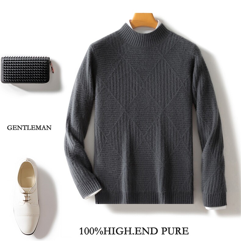 时尚男士秋冬新款条纹菱形半高领羊毛衫高品质保暖舒适，男装羊毛衫，邓利维