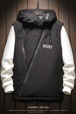 木板斜拉链装饰连帽棉马甲男冬季防风黑色马甲A090-MJ20p75限98，男装棉衣，电商A089-1